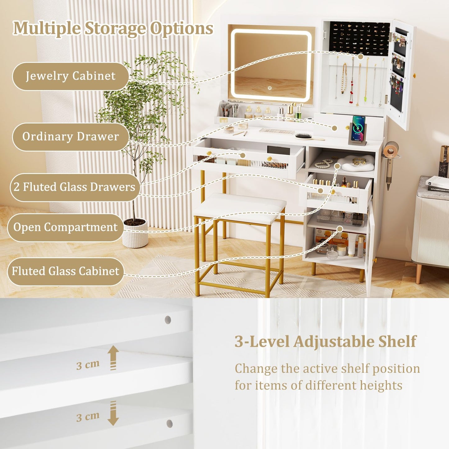 Vanity Set with 2 Fluted Glass Drawers and 1 Ordinary Drawer