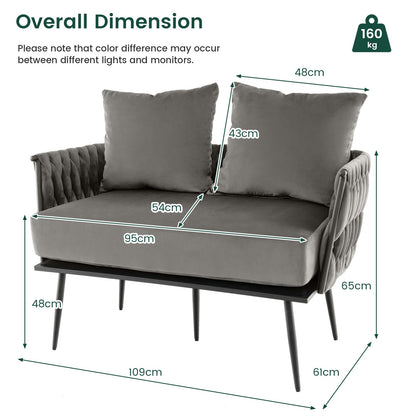 Giantex 2-Seater Sofa Velvet Upholstered Loveseat Sofa Couch with Woven Back & Arms