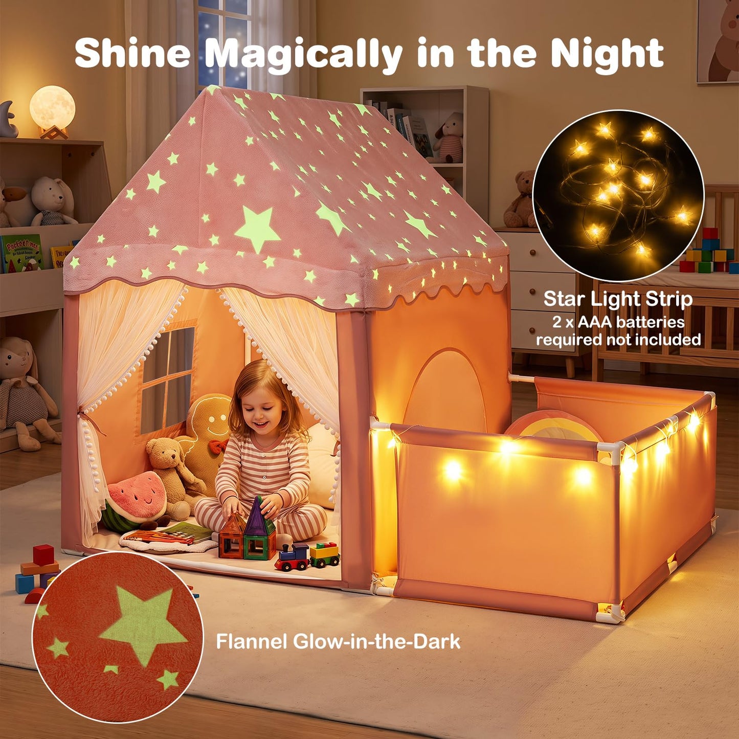 Kids Play Tent with Playpen, Padded Mat, Star Lights
