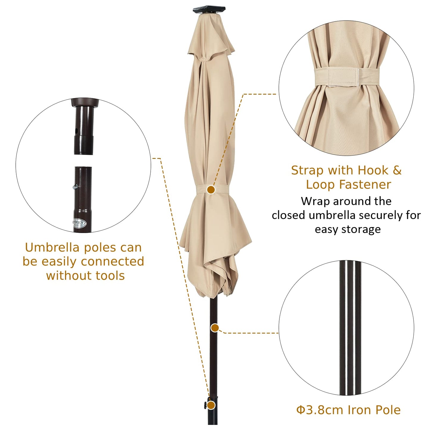 18 Solar Powered LED Lights Patio Umbrella with Tilt and Crank Handle