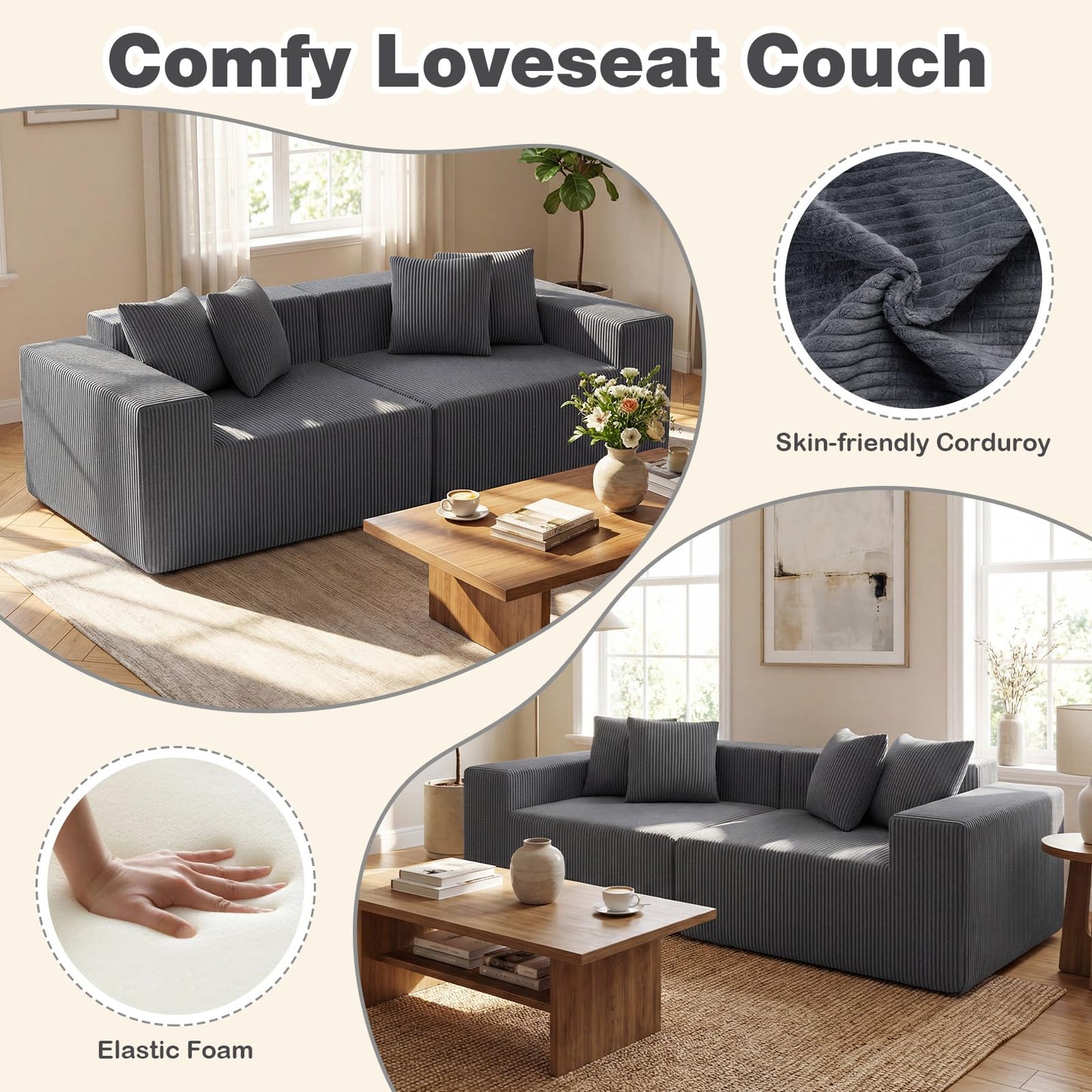 204cm Corduroy Boneless Sofa Couch with 4 Pillows
