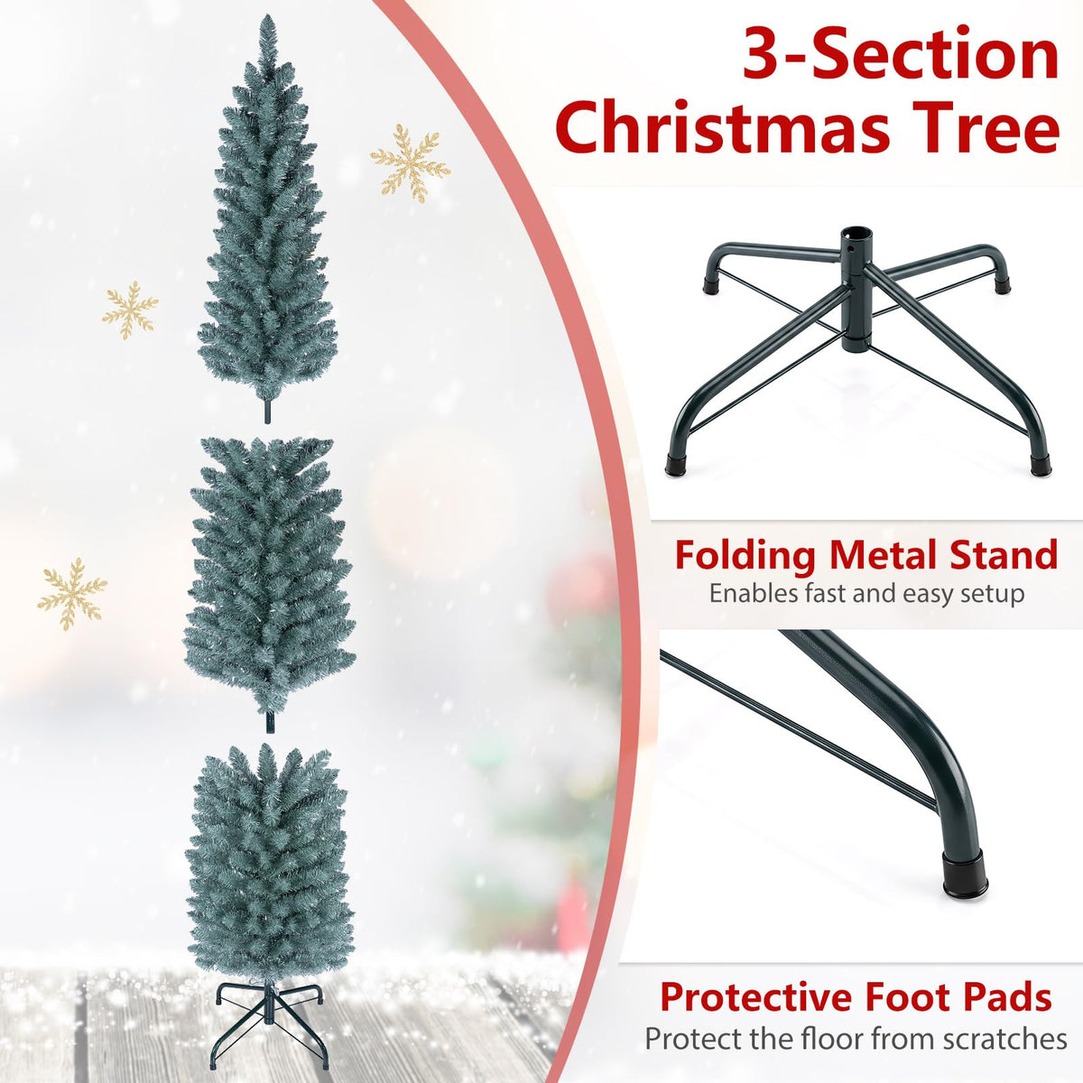 5FT/6FT/7FT Green Pencil Slim Christmas Tree, Traditional Artificial Pine Xmas Tree