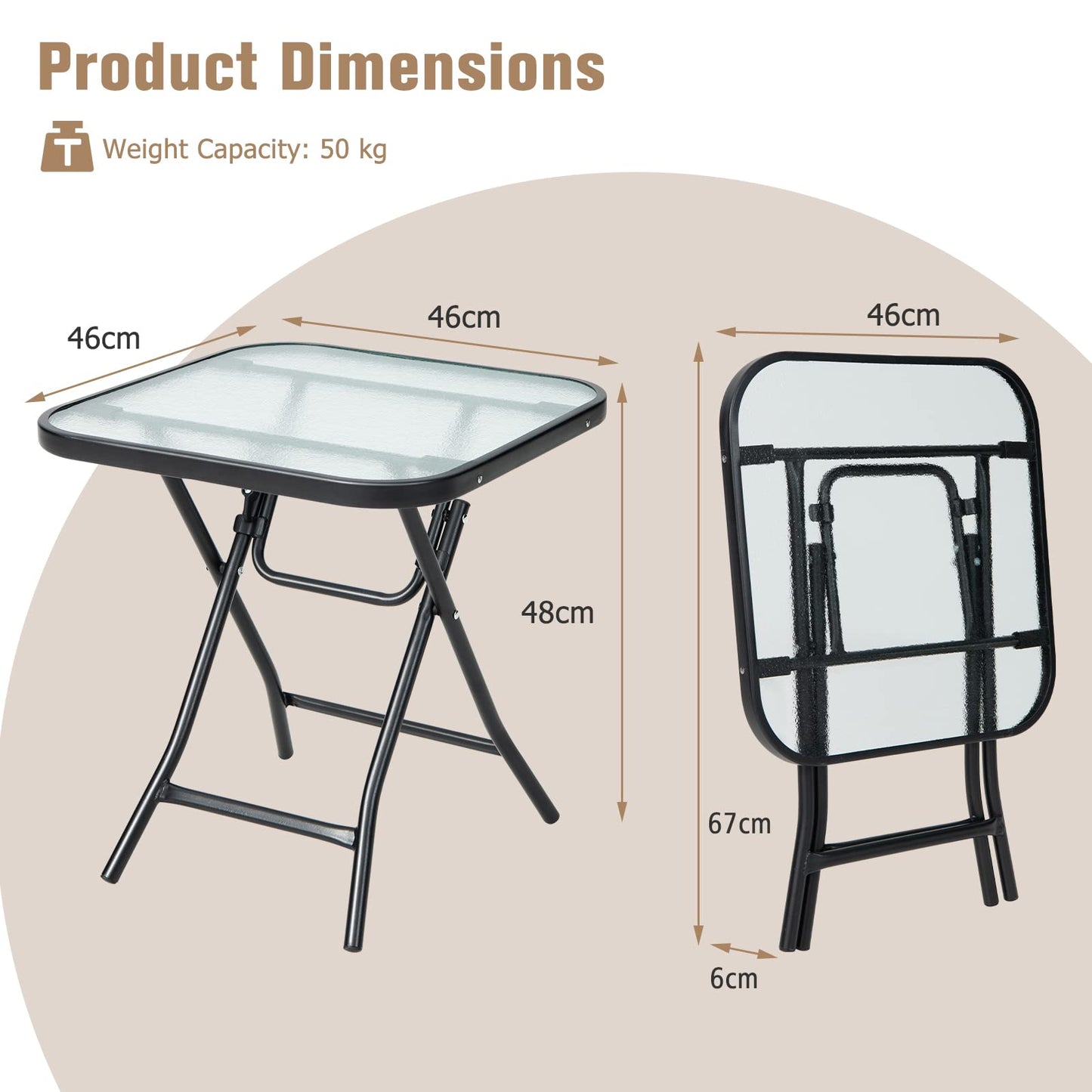46cm Folding Garden Tempered Glass Top Square Side Table