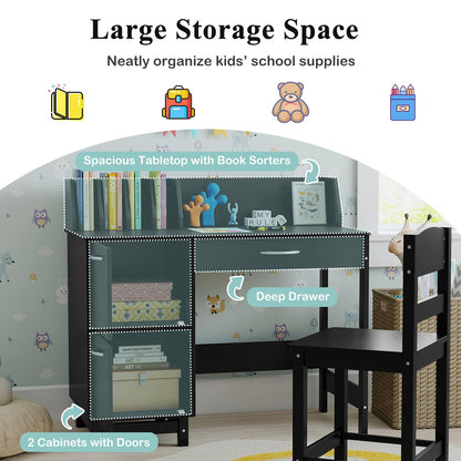 Kid's Study Desk and Chair Set with Deep Drawer and Enclosed Cabinets