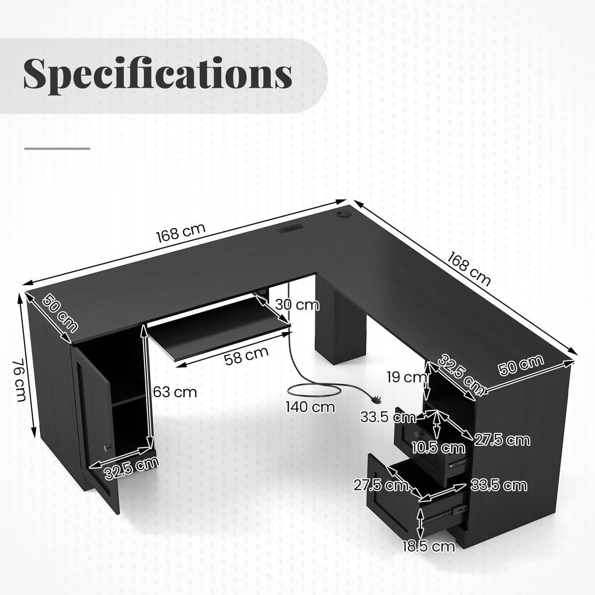 L-Shaped Computer Desk, 170cm Modern Large Corner Desk Writing Study Table
