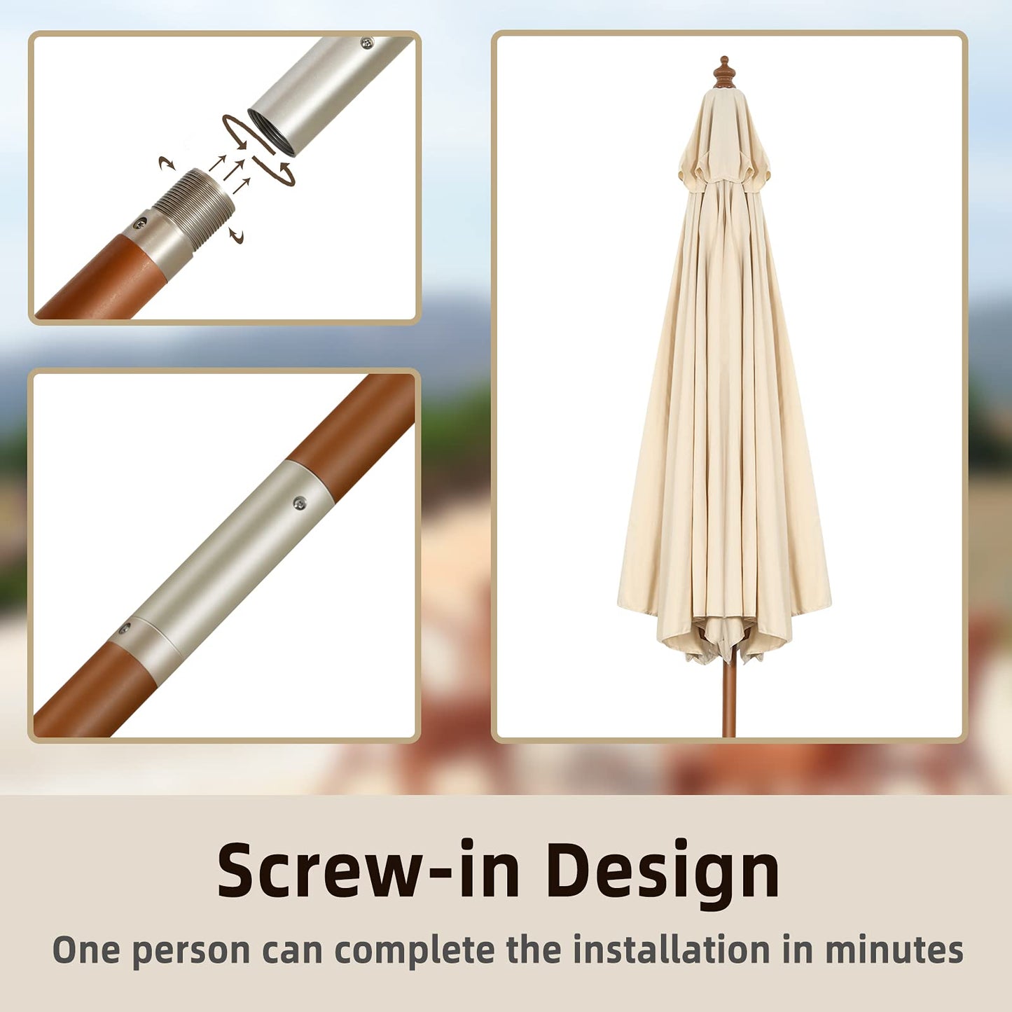 2.7/3m Wooden Patio Parasol Sun Shade Umbrella with 8 Ribs