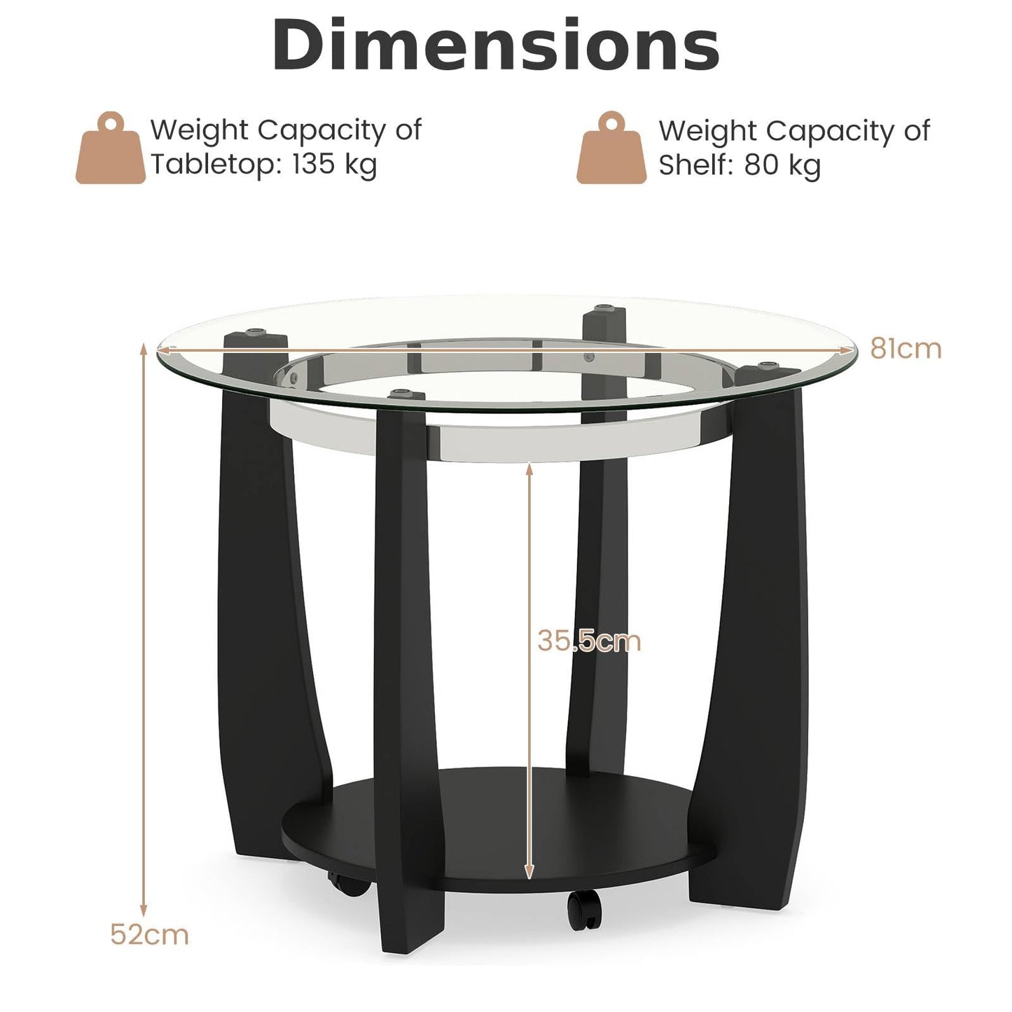 Tempered Glass Coffee Table, 2-Tier Round Cocktail Center Snack Tea Table