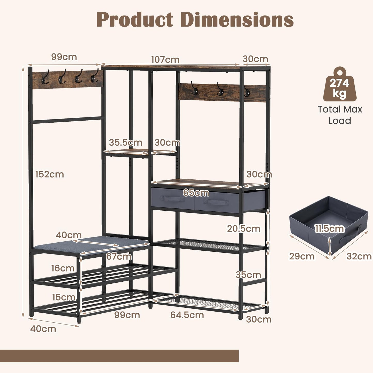 Corner Hall Tree, Coat Rack Stand with Shoe Storage Bench, Shelves