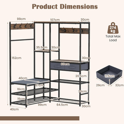 Corner Hall Tree, Coat Rack Stand with Shoe Storage Bench, Shelves