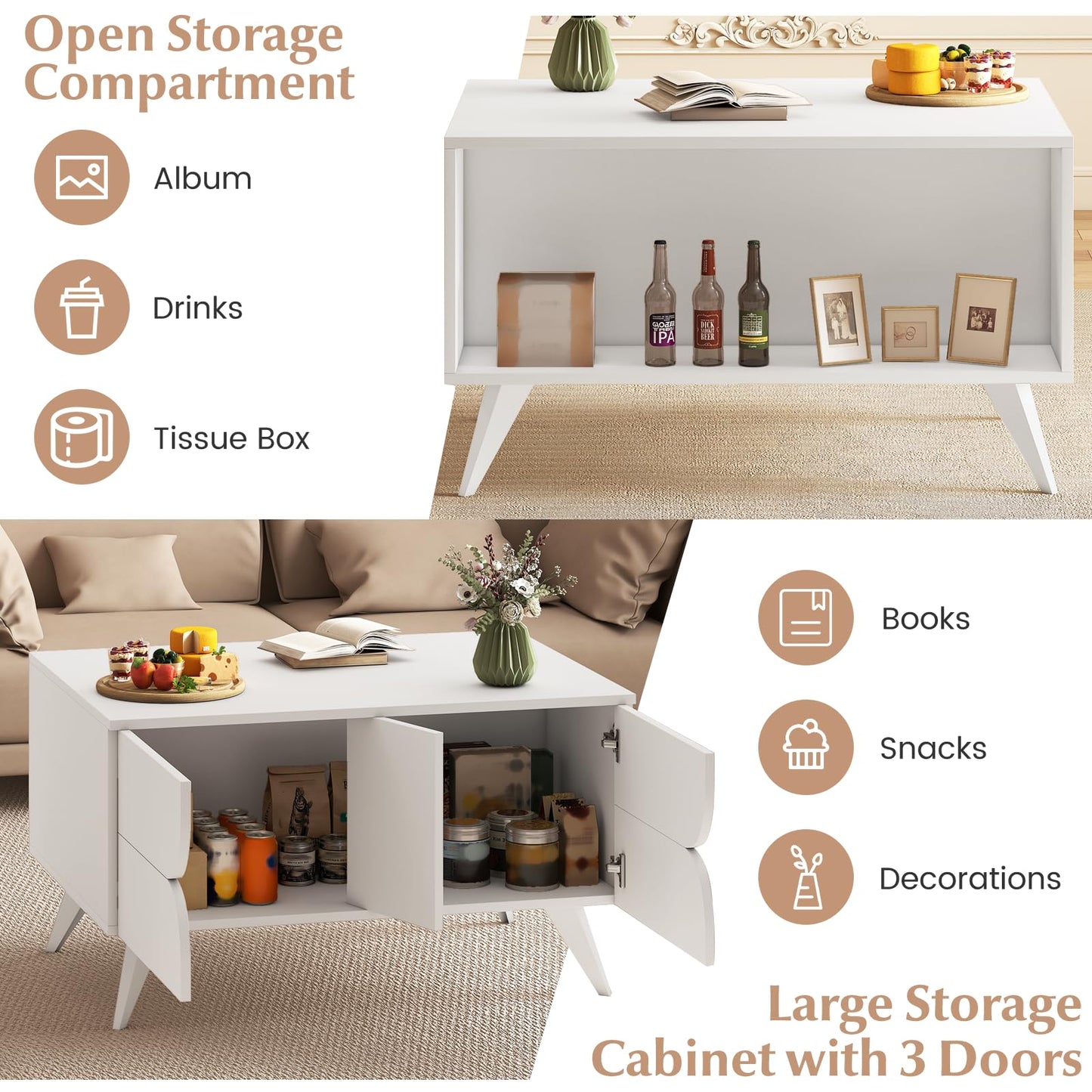 Coffee Table, Wooden Cocktail Table Sofa Side Snack Tables with 3 Doors and Back Open Shelf