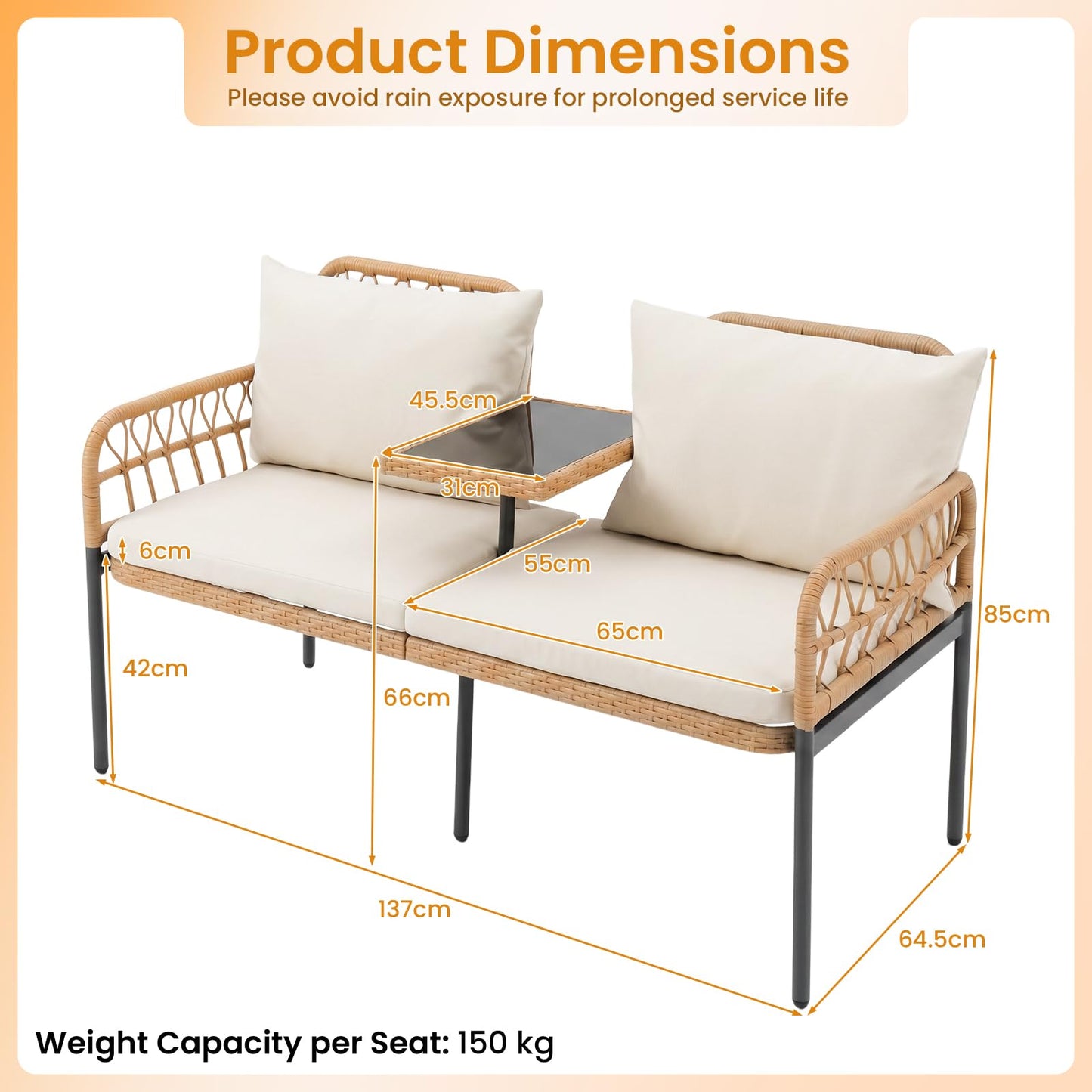 Rattan Jack and Jill Seat with Built-In Table and Cushions for Patio Balcony