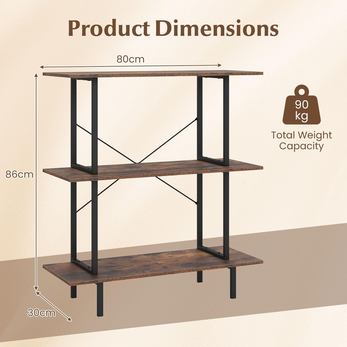 3-Tier Industrial Bookshelf with Open Shelves and Metal Frame for Living Room Study