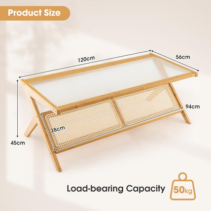 Tempered Glass Cocktail Tea Center Table with Rattan Magazine Storage Shelf