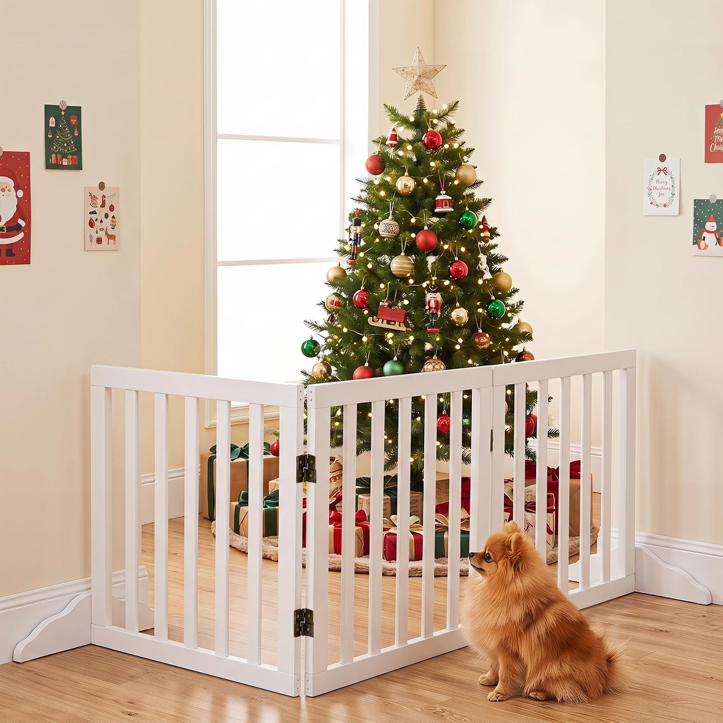 3-Panel Foldable Pet Fence with Support Feet and Flexible 2-Way Hinges
