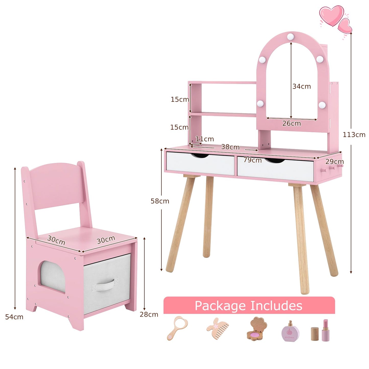 Kids Vanity Set Pretend Play Dressing Table Set with 3-Color Lighting Modes