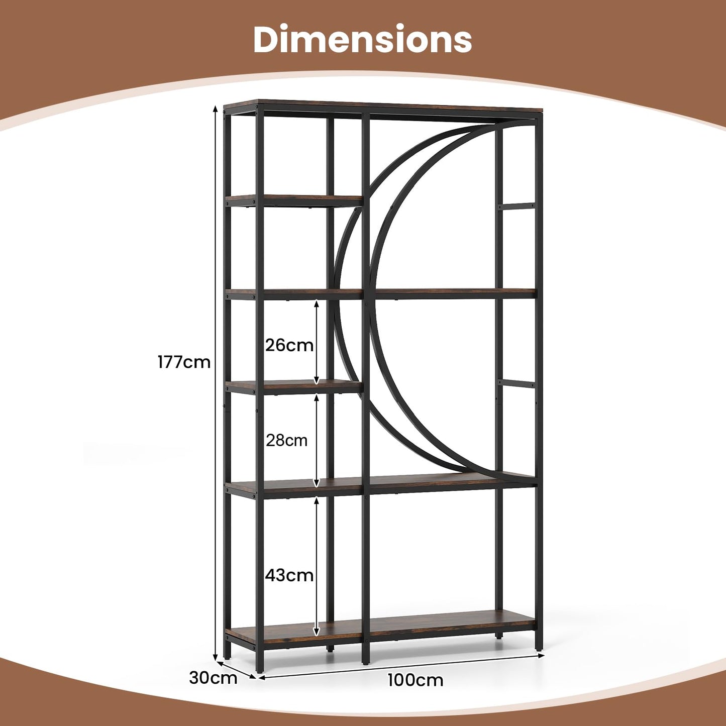 6-Tier Industrial Etagere Bookshelf with Open Storage Shelves and Arc-Shaped Design