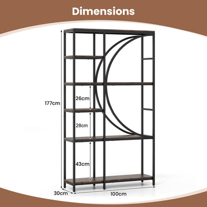 6-Tier Industrial Etagere Bookshelf with Open Storage Shelves and Arc-Shaped Design
