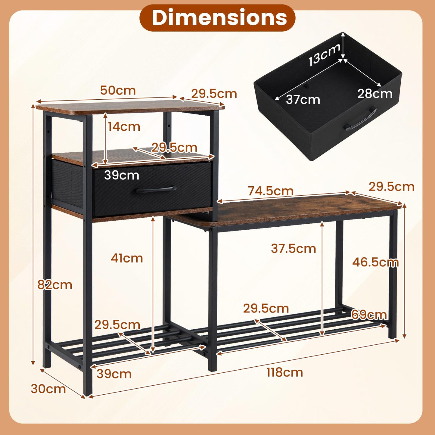 3-Tier Shoe Rack Bench, Industrial Shoe Storage Organiser with Seat