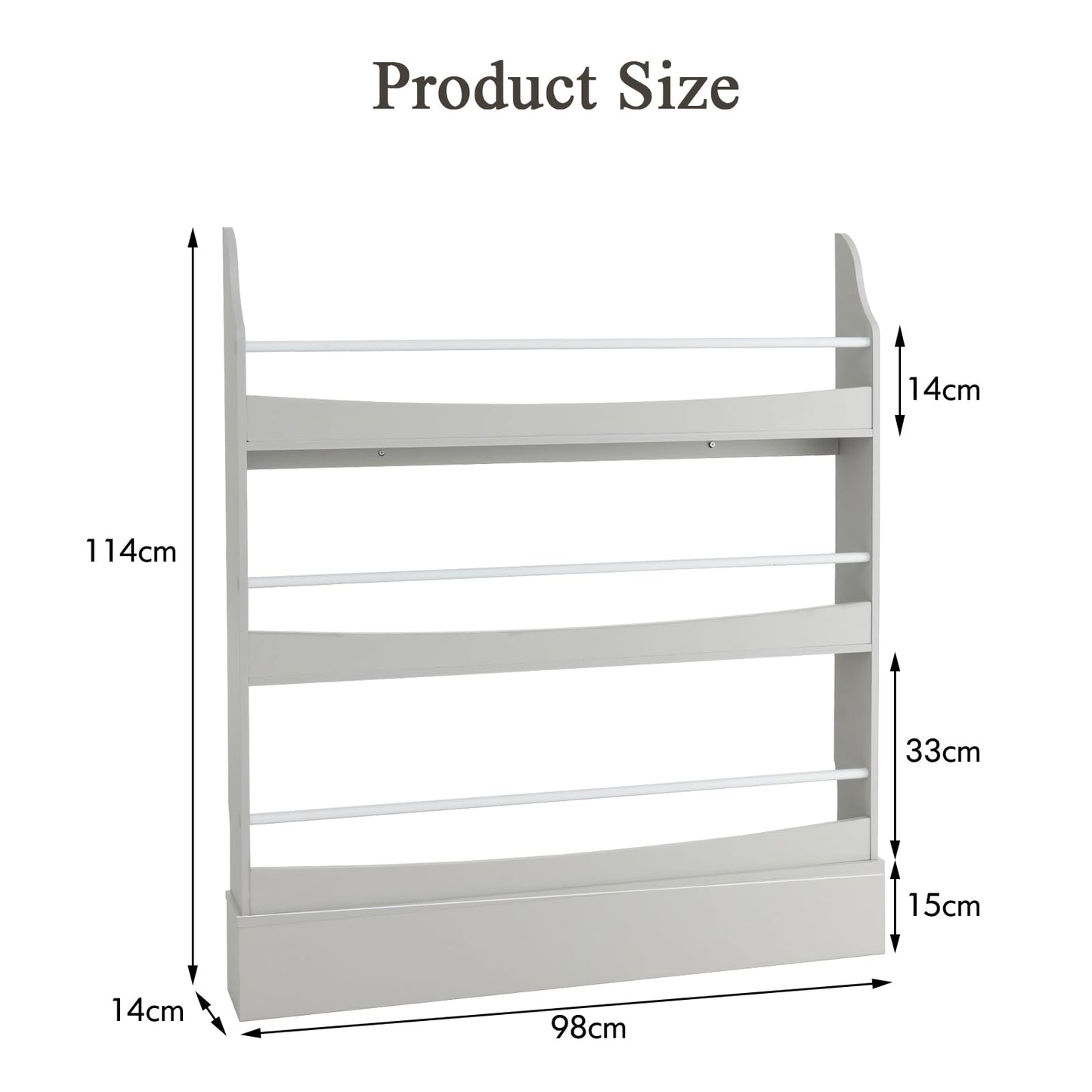 3-Tier Standing Bookshelf with 2 Anti-Tipping Kits and Guardrails-Grey