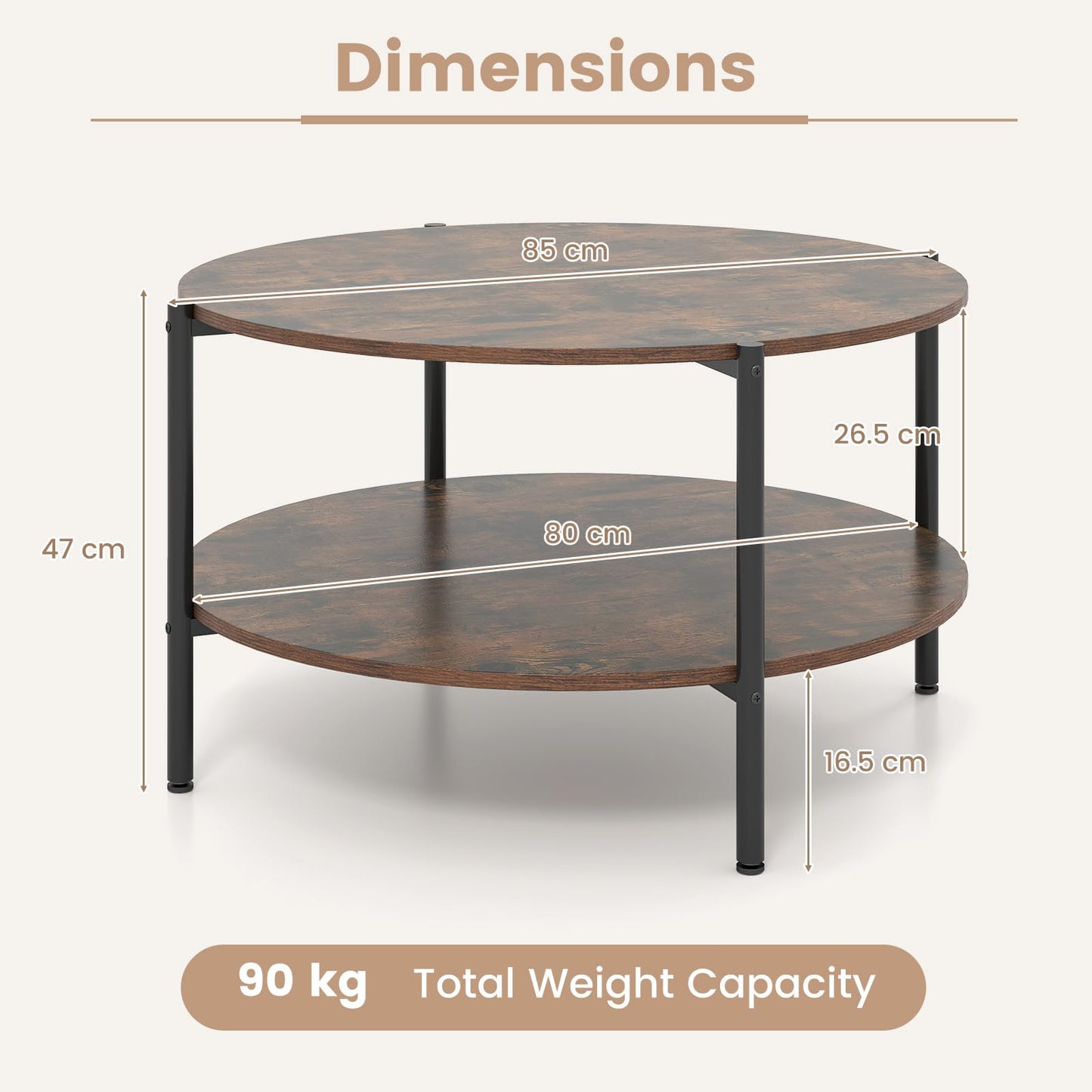 2-Tier Industrial Round Coffee Table with Open Storage Shelf