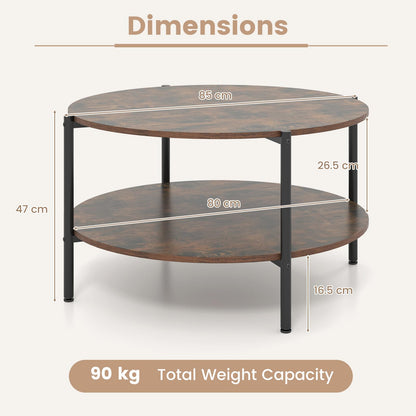 2-Tier Industrial Round Coffee Table with Open Storage Shelf