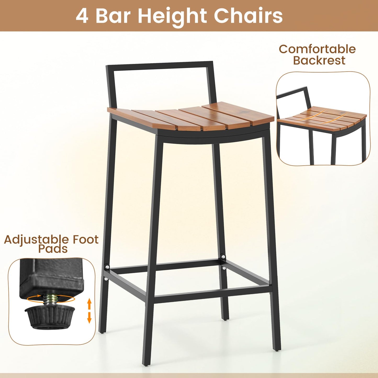 5 Piece Acacia Wood Bar Table Set with Metal Frame and Footrest