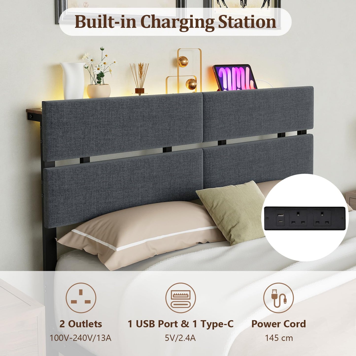 Double Bed Frame with LED Lights, Charging Station