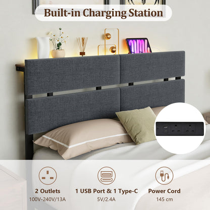 Double Bed Frame with LED Lights, Charging Station