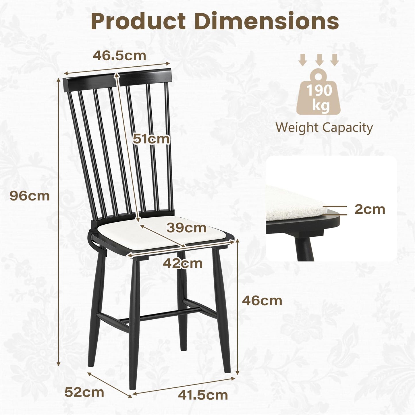 Windsor Dining Chair Set of 2 with Spindle Back for Kitchen and Restaurant