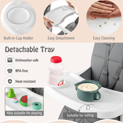 Foldable Baby Highchair Infant Dining Chair with 3-Position Adjustable Tray & Footrest