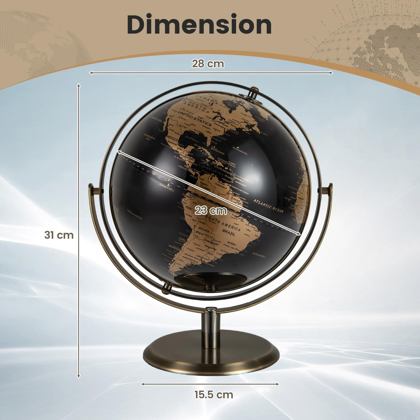 23CM Metallic Black World Globe with Metal Stand