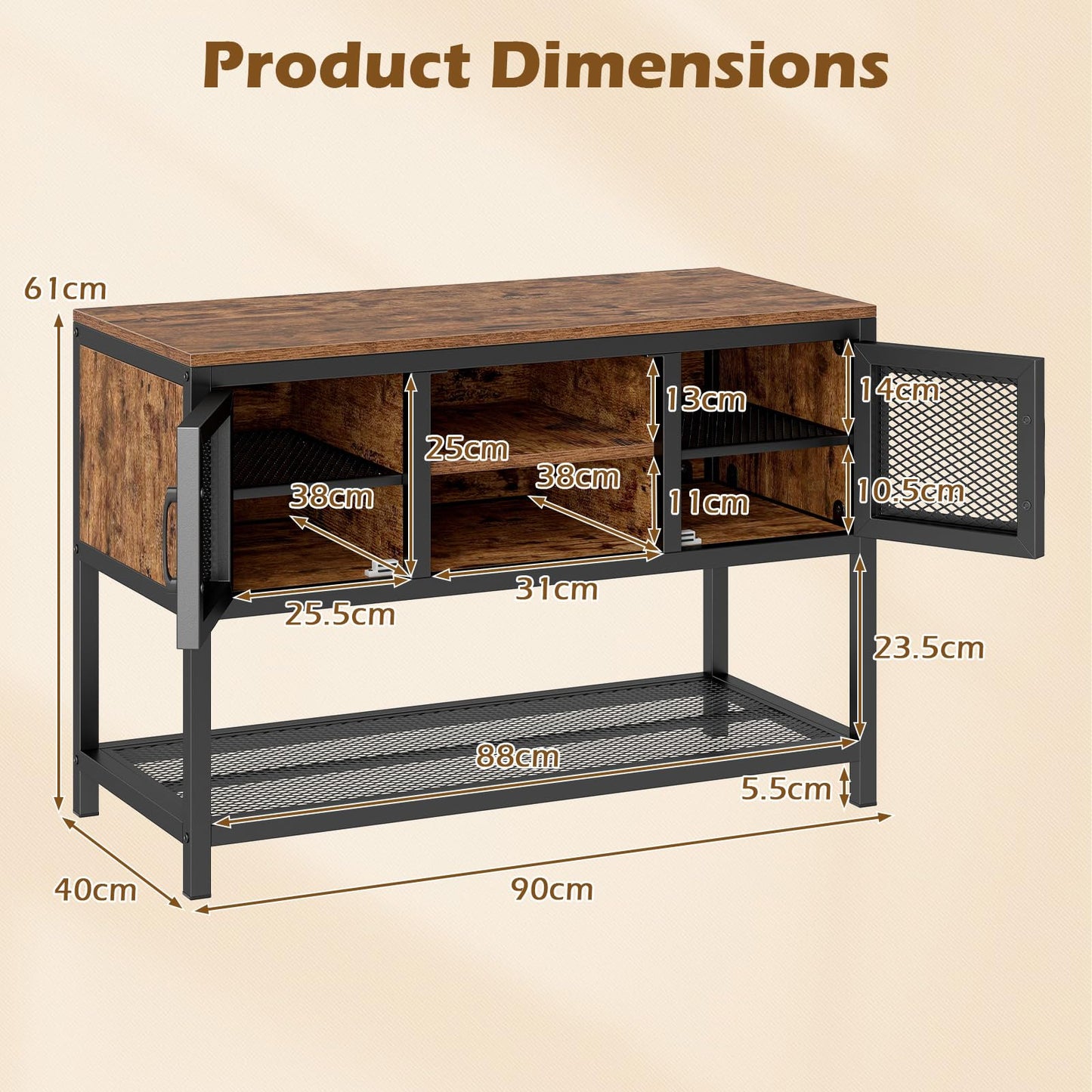 Kitchen Buffet Sideboard, Wooden Storage Cabinet with 2 Metal Mesh Doors