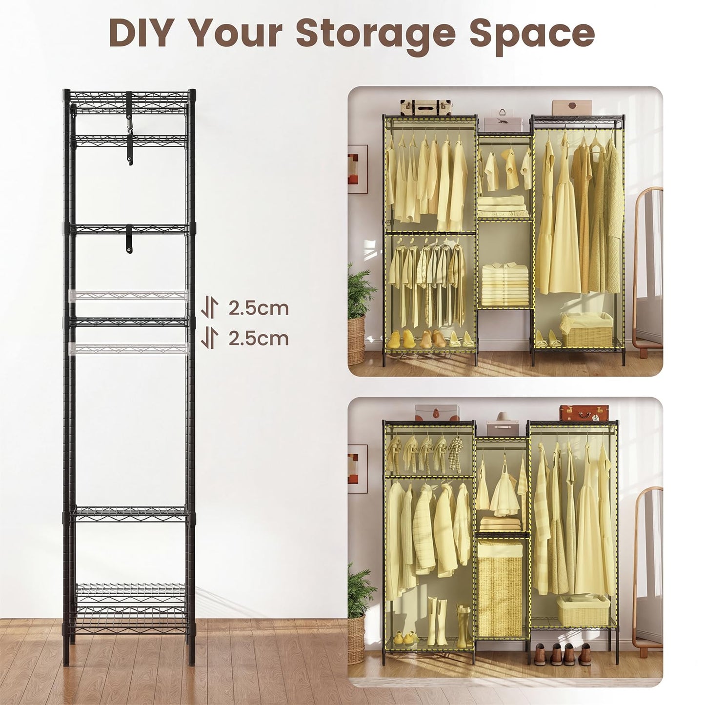 Portable Wardrobe Convertible Clothes Organizer with L-shape and Horizontal Installation