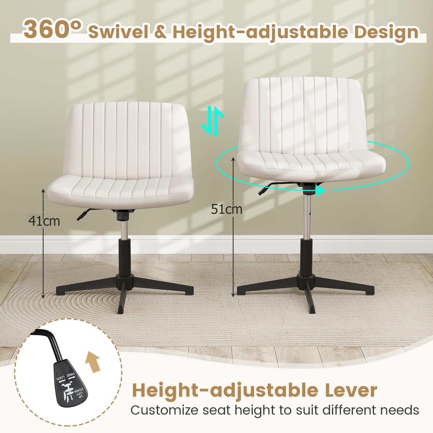 Armless Office Chair, Cross Legged Desk Chair with Wide Seat