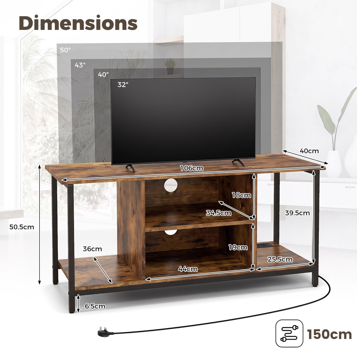 TV Stand Cabinet for 50 Inch TVs, with Power Outlets