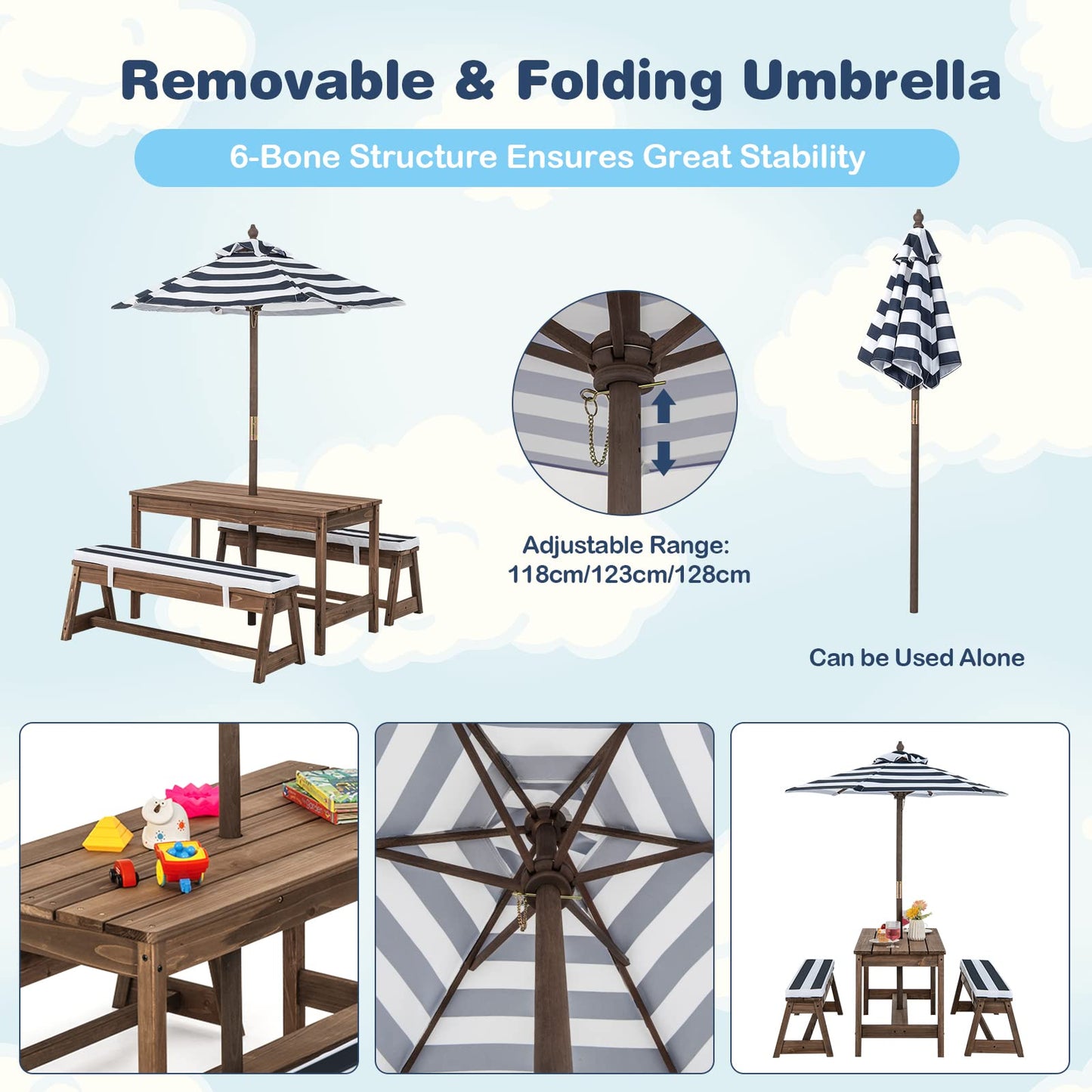 Wood Kids Picnic Table and Bench Set with Cushions