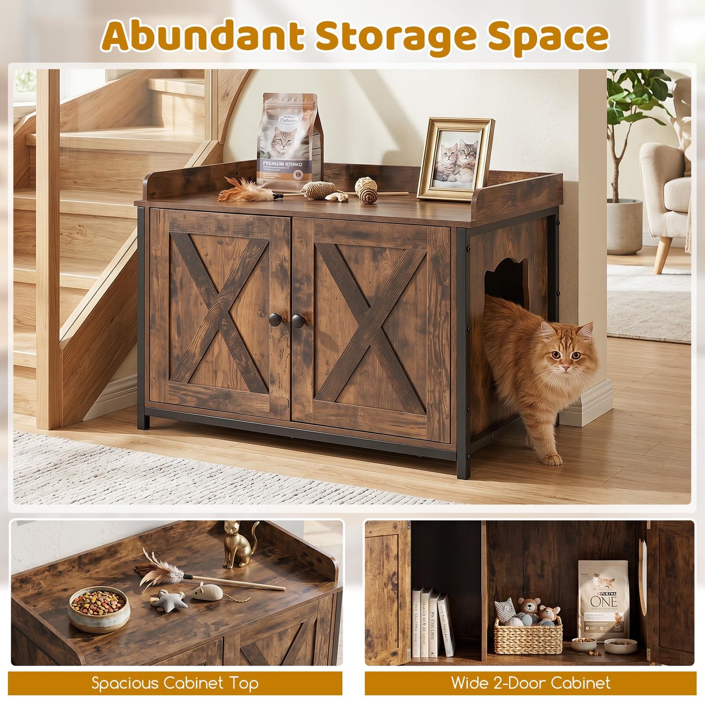 Cat Litter Box Enclosure with 2 Barn Doors Metal Legs and Side Entrance