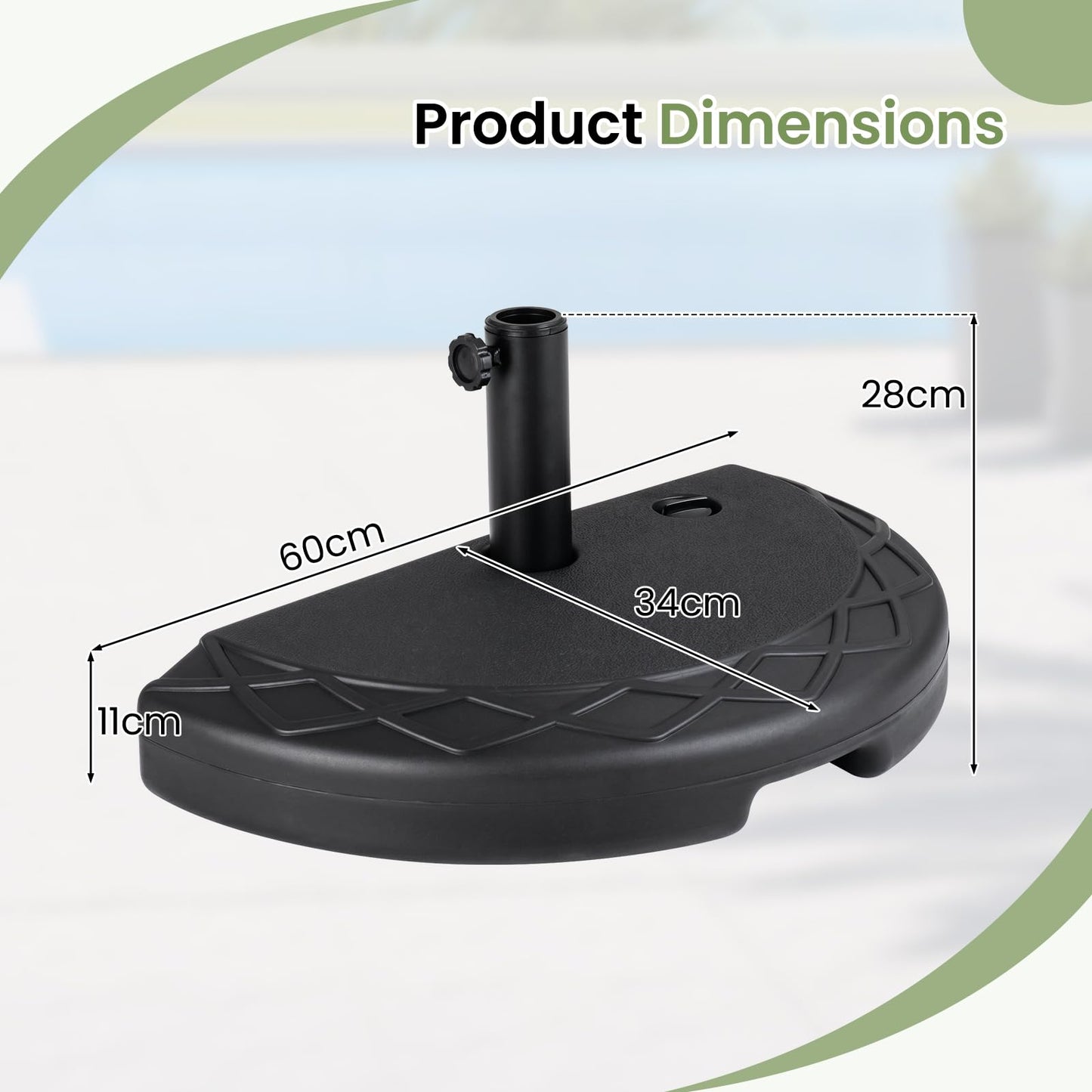 20kg Half Round Parasol Base, Water and Sand Fillable Patio Umbrella Stand Holder Fits Poles up to 38 mm-48 mm