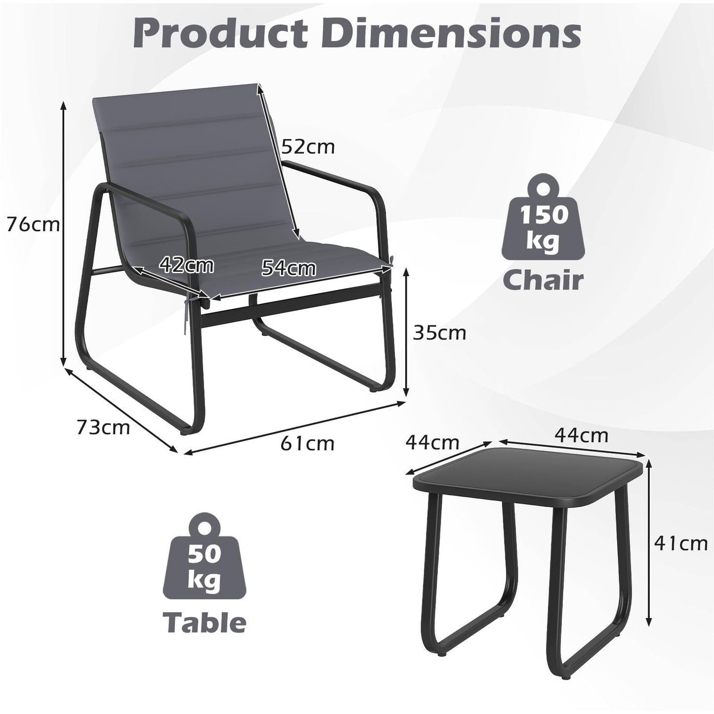 3 Piece Patio Bistro Set with Removable Cushions and Tempered Glass Tabletop