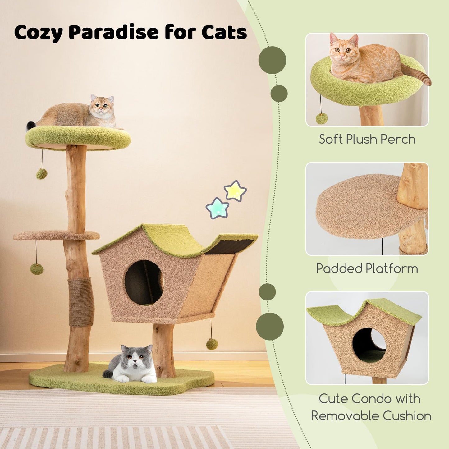 Cute Cat Activity Center with Padded Top Perch and Dangling Bell Balls for Indoor Cats