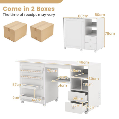 Folding Sewing Table with Charging Station and Storage Shelves