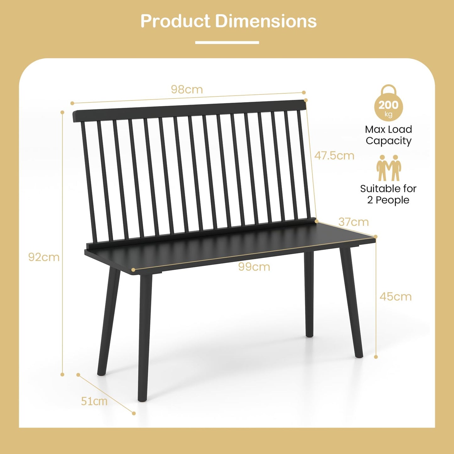 Dining Bench, Entryway Bench with Removable Spindle Back & Anti-slip Foot Pads