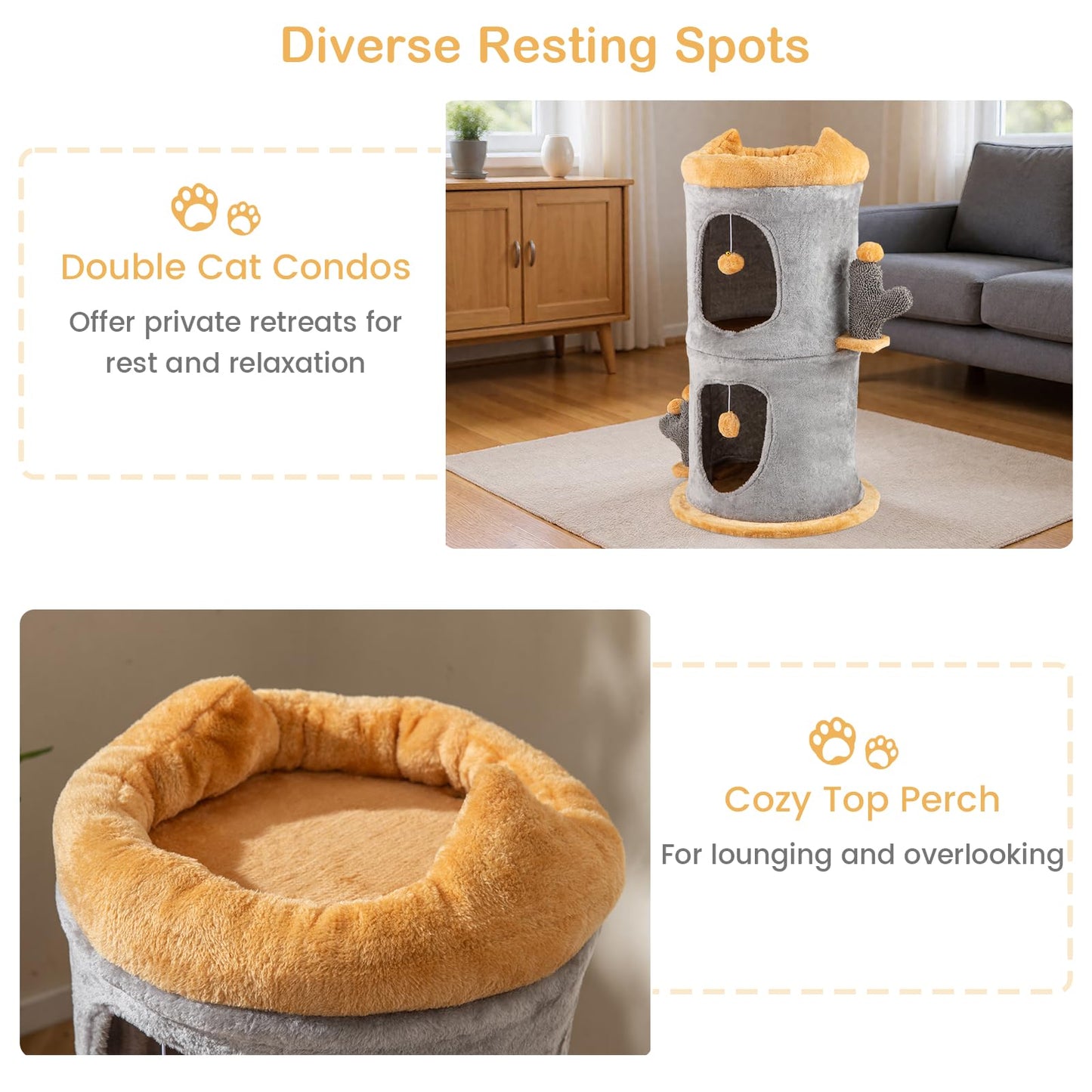 Cute Small Cat Tree Tower with Cozy Condos and Plush Danging Balls