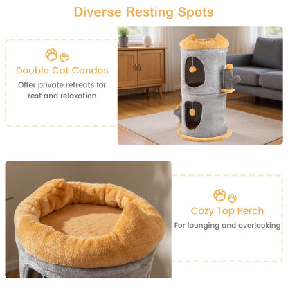 Cute Small Cat Tree Tower with Cozy Condos and Plush Danging Balls