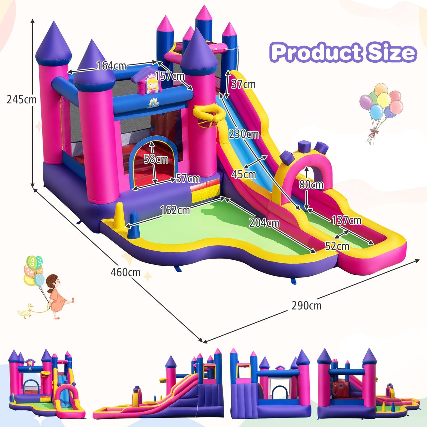 Inflatable Water Slide, Princess Themed Water Park with Long Slide, Jumping Area, Climbing Wall, Splash Pool, Basketball Hoop