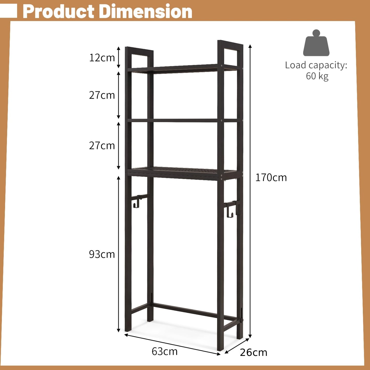 Freestanding Bathroom Shelf Space Saver with 3-Tier Mesh Shelves and 3 Hooks