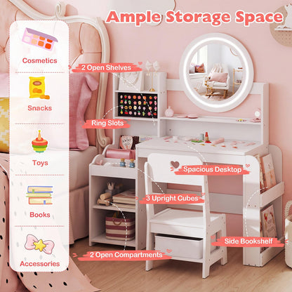 Kids Dressing Table with Lighted Mirror (White, With Storage