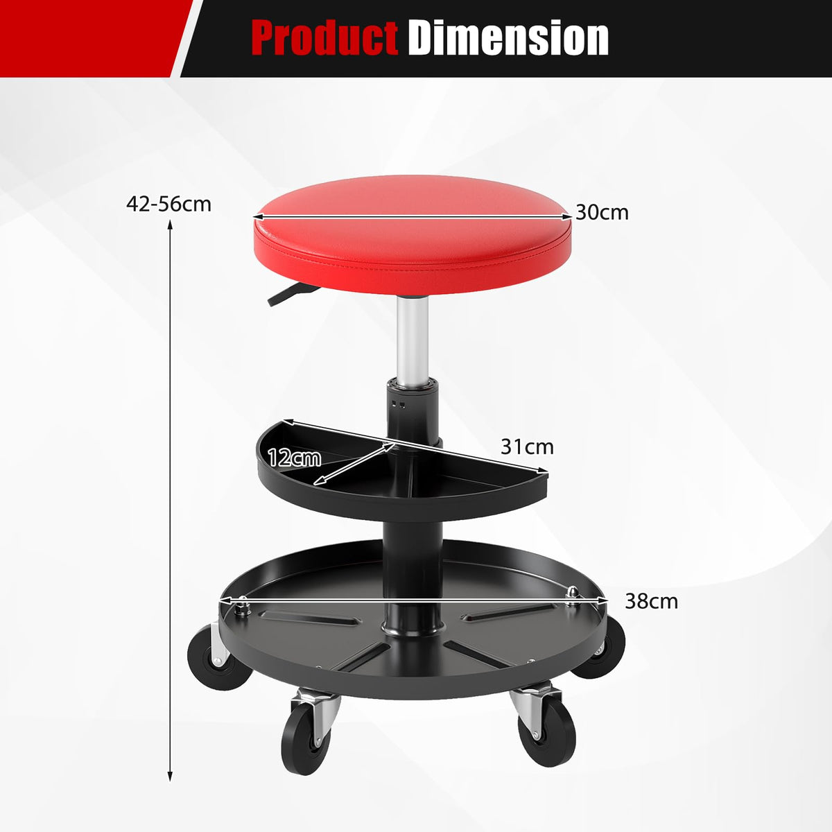 Rolling Mechanic Stool with Wheels and 42-56 cm Adjustable Seat