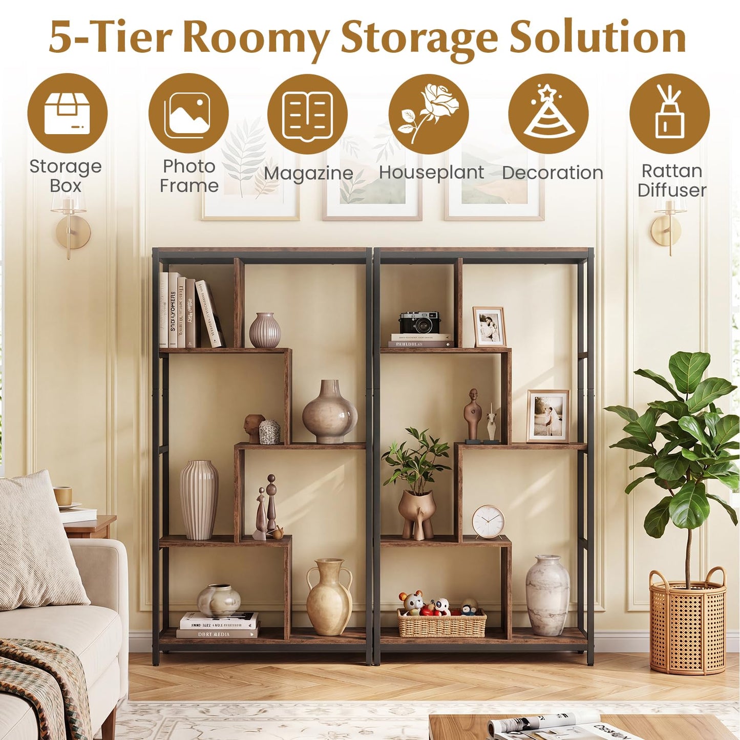 5-Tier Geometric Bookshelf with Open Shelves (Golden + White) | Metal Frame Bookcase Display Stand