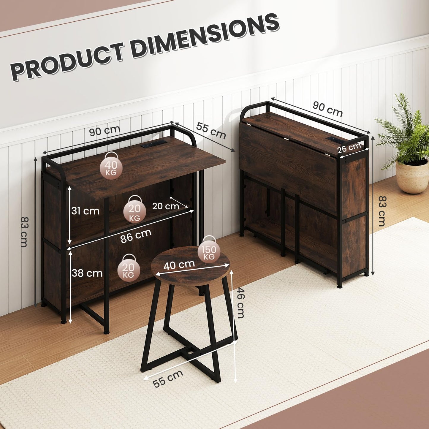 90 cm Folding Desk with Stool, Portable Computer Desk and Stool Set
